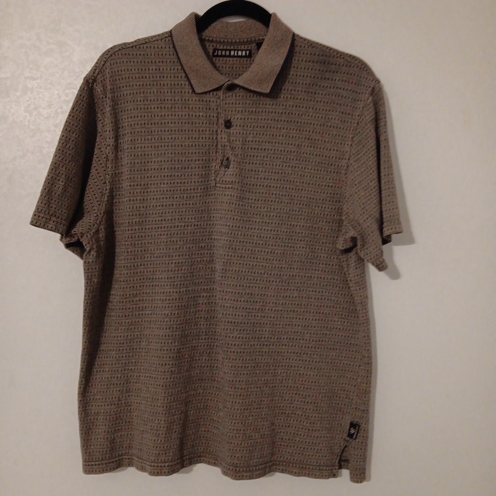 John Henry Polo Shirt Men's Sz. M‎ Short Sleeve Tan/Black 2 Button Light Weight